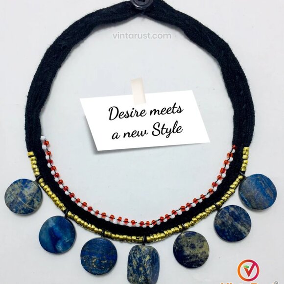 Tribal Choker Necklace With Dangling Lapis Lazuli Stones, Vintage Lapis Stone - Picture 2 of 10